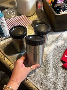 3 Ice Stainless Steel Can Cooler Set - Silver with Black Rim